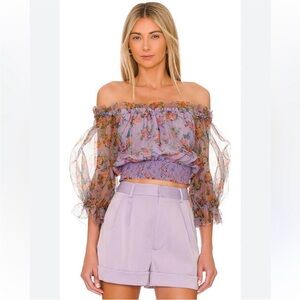 ALICE + OLIVIA Caprina Silk off Shoulder Lavender Puff Sleeve Crop Top Sz Large